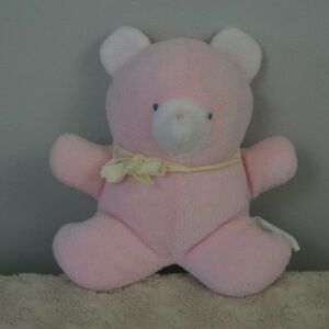 Vintage Bantam Pink Teddy Bear Plush Stuffed Animal Rattle Baby White Terrycloth